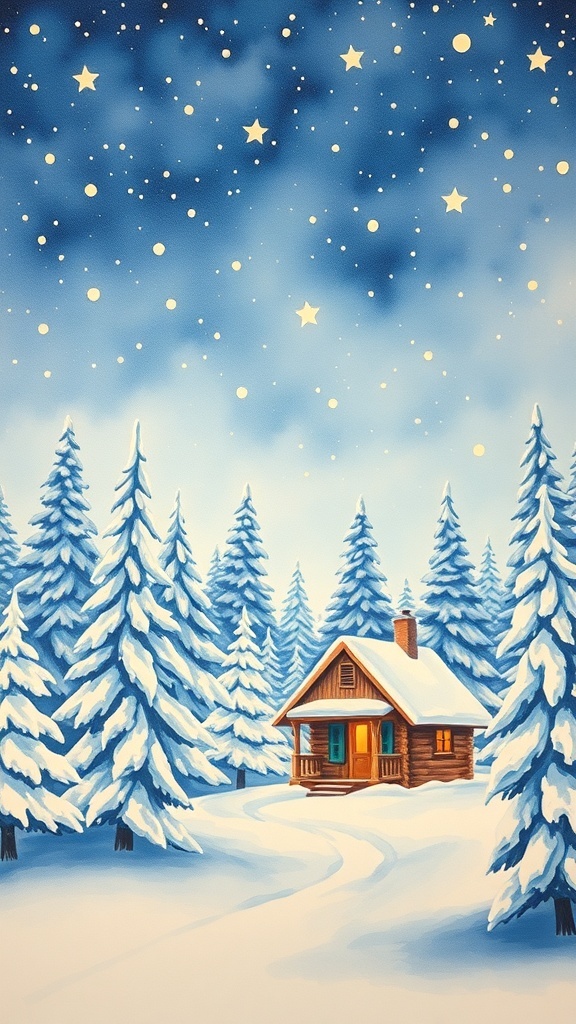 Christmas Landscape Watercolor Painting Tutorial A winter landscape watercolor painting with a cabin, snow-covered trees, and a starry sky, evoking a Christmas spirit.